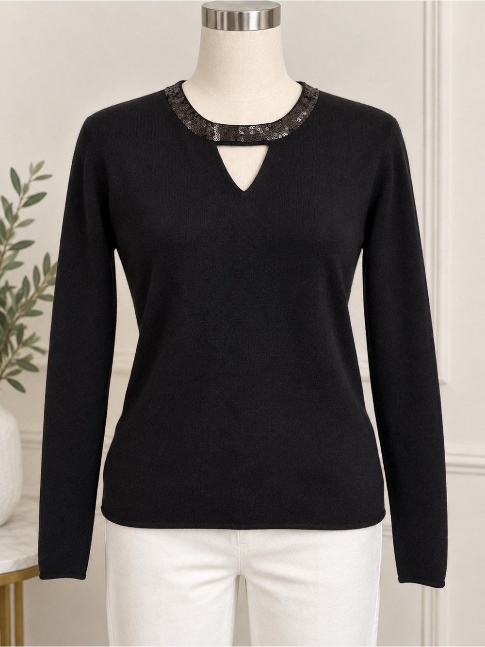 c by bloomingdale’s 100% cashmere black sequin neckline sweater size M